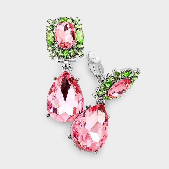 Pink & Green Elegant CLIP ON Teardrop Earrings, AKA Accessories - Picture 1 of 1